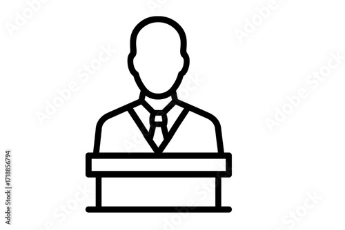 Speaker at podium line icon. Public speaking symbol. Politician giving a speech from a lectern or tribune. Business presentation, conference or debate concept. Leader vector.