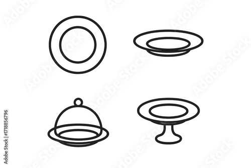 Plate and dish line icon set. Tableware, dinnerware and kitchenware collection. Serving platter, cloche, cake stand pictogram for web, app, menu, restaurant design.