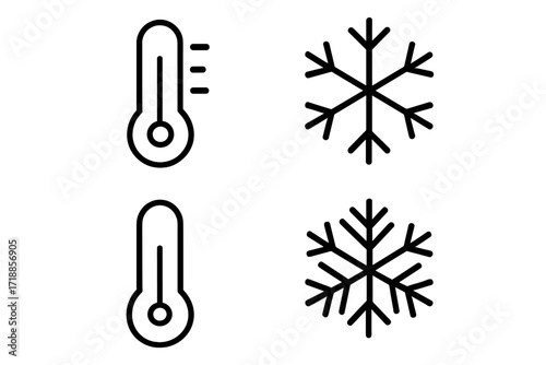 Thermometer and Snowflake Line Icon Set. Cold Temperature, Winter Weather, Freezing, Frost Symbol. Outline Minimalist Design for Web, App, Advertisement, Print, Transparent Background Vector