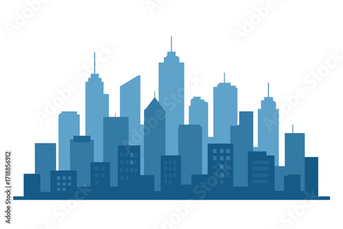City skyline vector illustration of a modern urban landscape. Blue city silhouette cityscape in a flat style. Daytime cityscape background with skyscrapers and buildings.