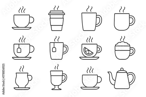 Coffee and tea thin line icons set. Vector collection of hot drink cups, mugs, and teapot symbols. Includes editable stroke pictograms for cafe menu, web, and apps.