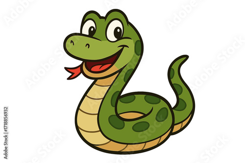 Cute snake cartoon vector illustration. Happy green serpent character icon. Funny reptile mascot for kids. Adorable wildlife animal design element. Isolated on white background.