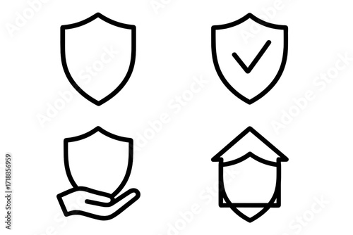 Shield Defense Protection Insurance Minimalistic Outline Web Line Icons Set. Security Secure Safety Hand House Checkmark Symbol. Vector Linear Graphic Design for Apps Banners Social Media Cards