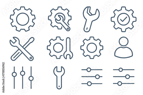 Gear wrench settings icon set. Thin line editable stroke. Web development service tools. Cogwheel adjustment, maintenance, customization, profile user, control panel, app management icons.