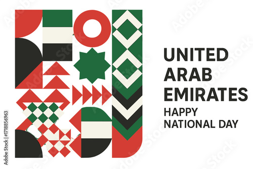 UAE National Day greeting with abstract geometric pattern. Vector background for December 2nd holiday. United Arab Emirates flag colors in modern design for poster or banner.