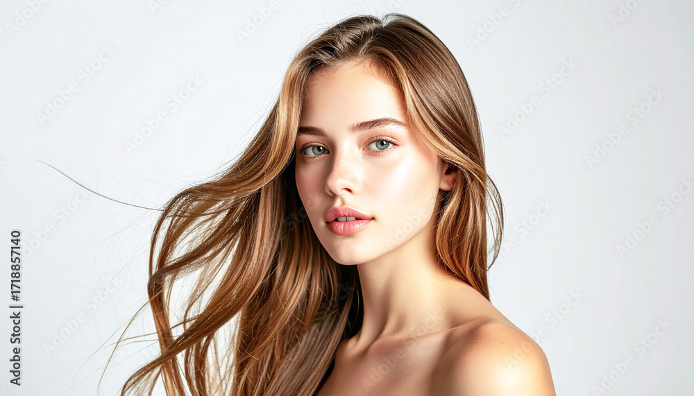 Naklejka premium Photorealistic portrait of a woman with long shiny hair, natural beauty, soft skin, freckles, and clean studio lighting on white background.