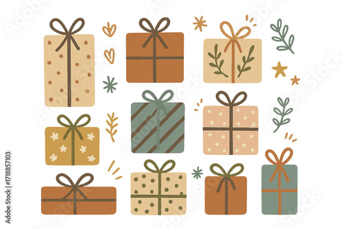 Cozy gift box collection vector. Hand drawn doodle presents set for Christmas holiday celebration. Simple flat Scandinavian design for birthday surprise. Boho childish illustration.