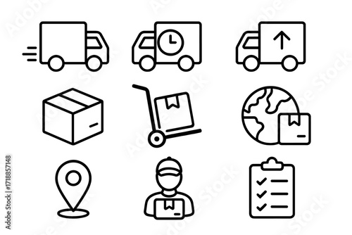 Delivery and logistics line icon set. Shipping service vector icons. Includes truck, package, courier, tracking, and worldwide freight. Editable stroke for web or apps.