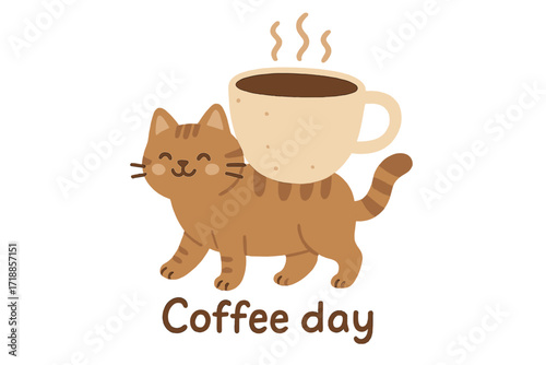 Happy brown tabby cat delivers hot coffee. Cute cartoon kitty with large mug. International coffee day concept. Flat hand drawn vector illustration for poster, print, sticker.