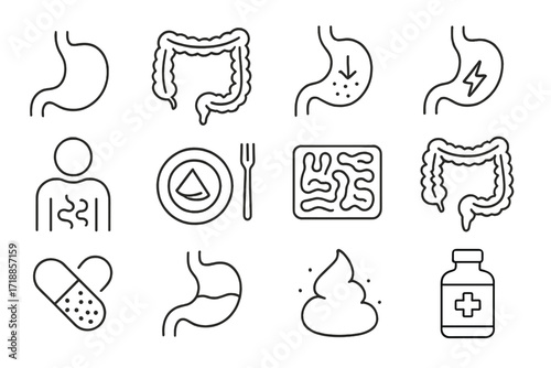 Gastroenterology line icon set. Digestion, intestine, stomach pain, gut health, digestive problems, heartburn, bloating. Medical treatment. Editable stroke vector cartoon icons.