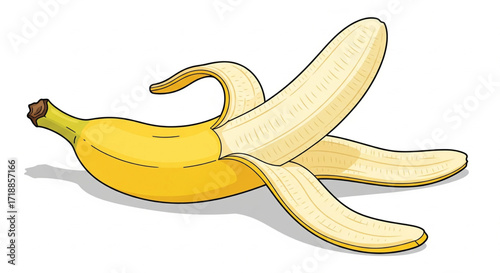 A peeled banana with its yellow peel spread out, lying on a white background.