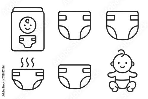 Diaper and baby care thin line icon set. Vector symbols of newborn hygiene, nappy, infant. Pictogram collection includes diaper packaging, wet, clean, and happy baby.