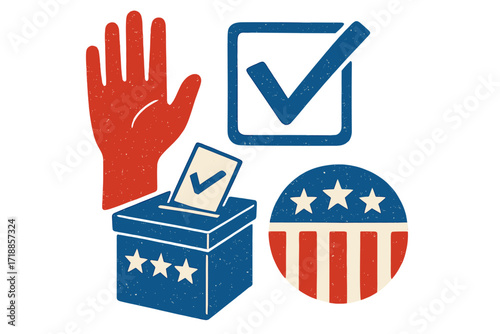 Voting concept icons for US election. Patriotic American symbols with ballot box, check mark, hand and badge. Go vote for change motivational art. Grunge vector design.
