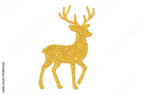 Golden deer silhouette with glitter sparkles. Christmas reindeer motif and Xmas decoration. Isolated festive element for holiday design. Luxury gold magical vector illustration.