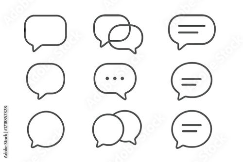 Speech bubble line icon set. Minimalist chat and message outline symbols. Communication, dialogue, comment, talk, conversation, chat app icon collection. Vector for web, social, graphic design.