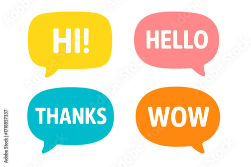 Vector speech bubbles collection. Colorful flat design chat icons for communication, social media. Dialogue and expression concept. Set includes hi, hello, thanks, wow messages.