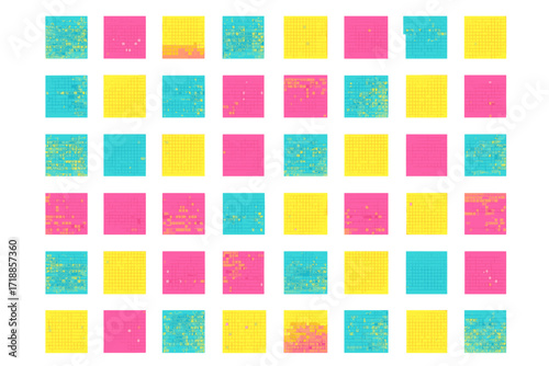 Halftone pixel dithering square tiles pattern. Vintage 8-bit game background concept. Neon pixel halftone bitmap raster effect. Random tiles art. Abstract vector illustration.