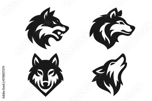Set of four wolf head logos. Vector illustration for brand identity. Wild animal mascot icon collection for esport team or company. Angry, howling and calm wolf silhouette design.