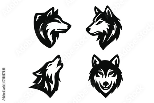 Wolf head mascot logo set. Vector collection of wild canine symbols for an esport team emblem. Black and white graphic illustration of a howling wolf predator face icon.