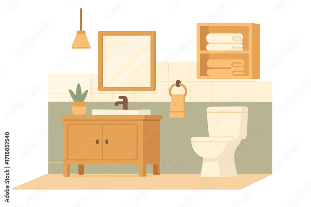 Obraz premium Modern bathroom interior in Scandinavian style. Cozy home restroom design with wooden furniture, sink, toilet, mirror, and shelf with towels. Flat vector illustration scene.