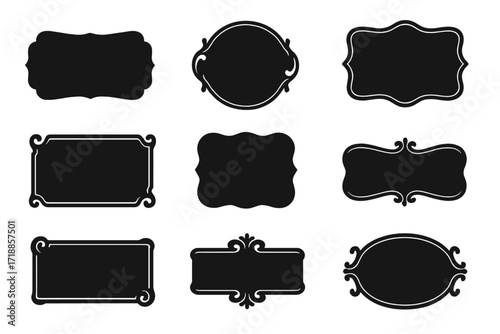 Set of vintage frames. Black silhouette labels. Retro decorative borders collection. Elegant blank banners for text. Classic ornamental design elements. Old-fashioned signboard.