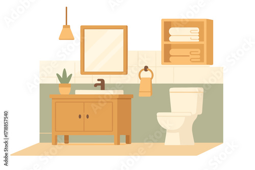 Modern bathroom interior in Scandinavian style. Cozy home restroom design with wooden furniture, sink, toilet, mirror, and shelf with towels. Flat vector illustration scene.