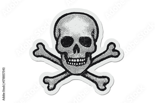Human skull and crossbones in halftone dot style. Pirates jolly roger flag symbol. Sign of poison, death or danger. Vector isolated torn paper sticker. Retro cartoon design.