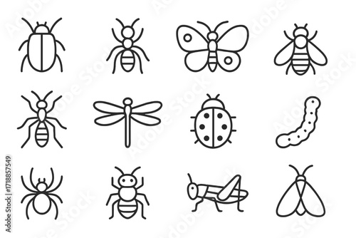 Insect icon set. Bug line collection with editable stroke. Ant, bee, butterfly, spider, ladybug, dragonfly, moth. Simple outline entomology symbols for web and mobile UI/UX.