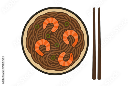 Japanese soba noodles with shrimp and chopsticks. Flat vector illustration top view. Asian cuisine concept for restaurant menu, seafood dish. Healthy traditional meal isolated.