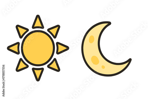 Sun and Moon Isolated Icon Set. Vector Cartoon Celestial Symbols. Day and Night Emblems for Websites, Apps, Weather, Astrology, Astronomy, Graphic Design, Transparent Background Illustration