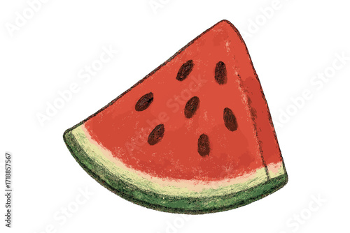 Hand drawn watermelon slice vector illustration. Textured fruit sketch for summer food concepts. Juicy healthy snack. Fresh organic diet. Cute cartoon doodle on white background.