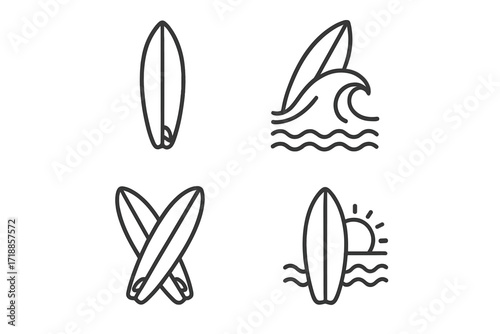 Surfboard icons set, wave sea sun symbols. Outline surfing board vector illustration, ocean surf gear, beach vacation, summer holiday, watersports, perfect line art for web, app, book, card, placard