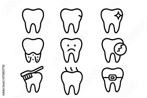 Dental hygiene and dental health line icon set. Tooth care outline symbols for web design, apps, dental clinic, oral health, dental problems, treatment, braces, cleaning, cavity, cartoon vector pack.