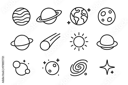 Space icons set. Planets and celestial bodies line art collection. Editable stroke vector illustration for web, apps, books. Astronomy and astrology symbols. Sun, moon, earth.
