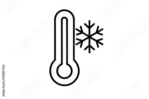 Cold temperature icon. Minimalist linear thermometer with snowflake symbol. Frost weather sign. Winter freeze cooling pictogram. Outline vector illustration for web, app, banner, card design.