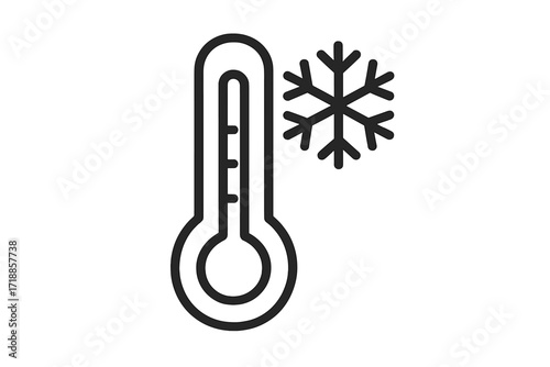 Minimalistic vector outline icon of thermometer with snowflake symbol, cold temperature, freezing weather, climate control, low temperature warning for web, app, banner, social media, cards