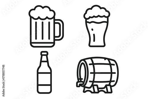 Beer and brewery line icon collection. Vector set with mug, pint glass, bottle, and wooden barrel. Alcohol drink symbols for bar, pub menu, or Oktoberfest festival.