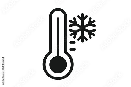 Minimalist Outline Thermometer Snowflake Icon. Cold Temperature Weather Symbol for Web, Apps, Banners, Social Media, Cards. Winter Freezing Climate Concept. Black and White Vector Illustration