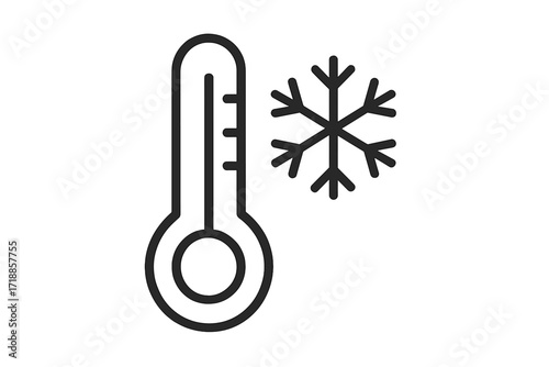 Minimalist Thin Line Thermometer and Snowflake Icon Symbolizing Cold Temperature, Winter, Cool Climate, Weather, Frost, Ice, Freezing, Vector Illustration for Web, App, Banner, Social Media, Card