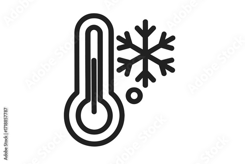 Cold temperature thermometer icon with snowflake. Modern minimal outline style. Winter weather symbol. Frost warning. Chilly climate. Freezer indicator. Vector illustration for apps, cards, design.