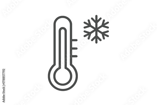 Minimalistic thin line thermometer and snowflake icon. Cold temperature, winter weather, freezing point concept. Outline vector illustration for web app, graphic design, banners, social media, cards.