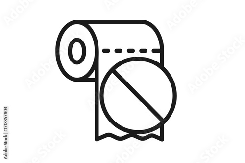Toilet paper prohibited outline icon. No toilet paper sign modern vector. Bathroom ban symbol. Toilet tissue restriction pictogram. Sanitary napkin alternative. Restroom hygiene awareness concept.