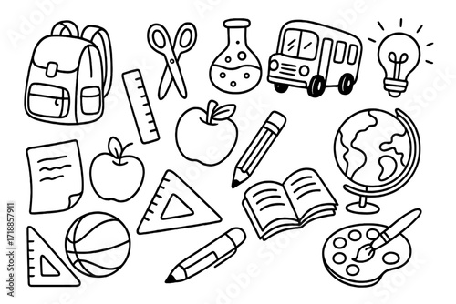 Back to school doodle icon set. Hand drawn vector line art illustrations of education supplies. School bus, book, globe, backpack, pencil and apple on a transparent background.