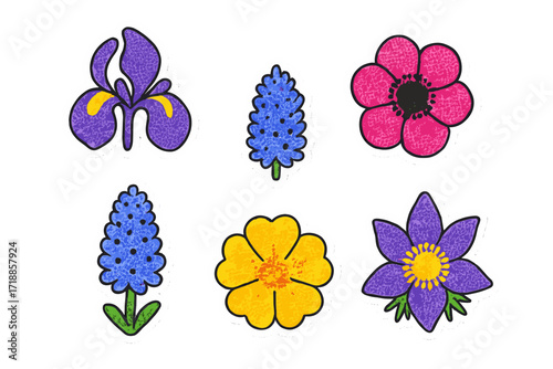 Spring flower heads halftone set. Top view iris, anemone, hyacinth, primrose, pasque flower. Dotted retro collage sticker pack. Minimal floral illustrations. Colorful botanical vector design elements.