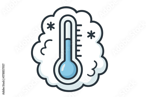 Cold temperature thermometer icon. Winter weather measurement. Snowy frost symbol. Cartoon frosty thermometer with snowflakes. Chilly freezing sensor outline. Vector icy temperature indicator concept.