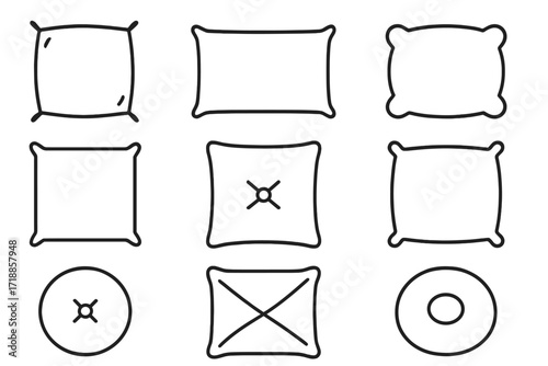 Pillow and cushion outline icon set. Vector collection of linear symbols for bedding, comfort, and home decor. Simple minimalist graphic elements for sleep and rest concepts.