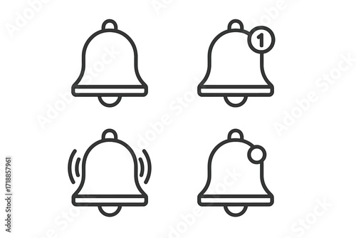 Bell notification line icon set. Vector icons for web and mobile apps. Includes ringing bell, new message alert, and subscribe symbol. Simple outline design with editable stroke.