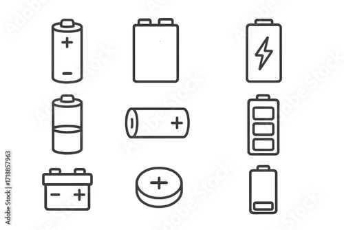 Battery outline icon set. Vector collection of various battery types: AA, 9V, car battery, button cell. Power and energy symbols with charge level indicators. Editable stroke.