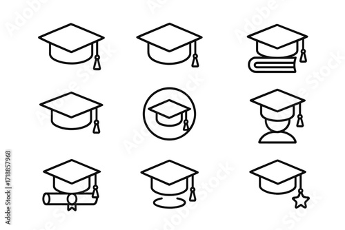 Graduation cap icon set. Academic education and learning symbols. University, college graduate. Ceremony success. Student degree diploma. Vector line art illustration pack.
