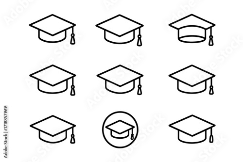 Graduation cap icon set. Mortarboard outline symbols. University, college, school education concept. Vector icons for academic achievement, student degree, ceremony. Editable stroke.